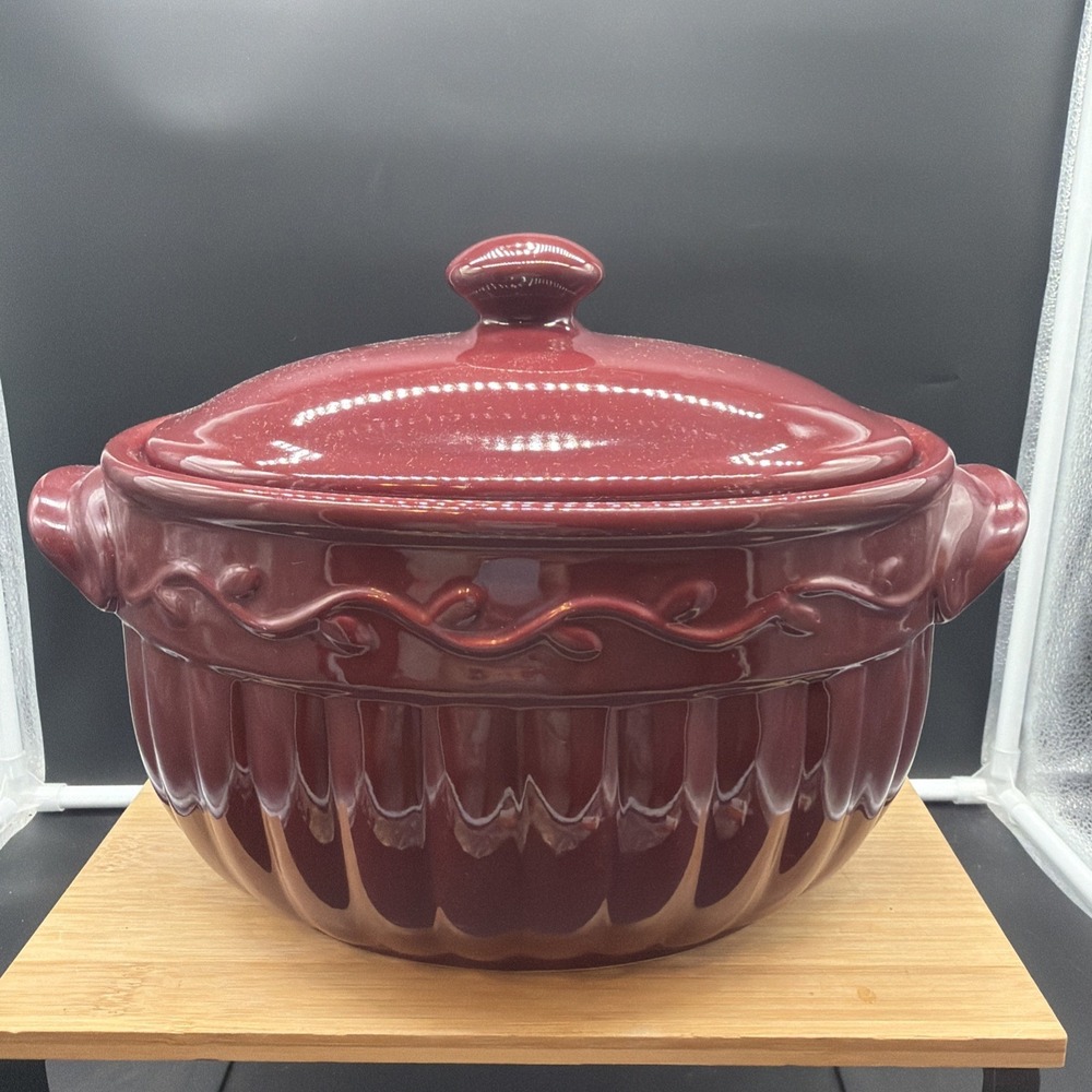 Celebrating Home Burgundy/Berry Large Bean Pot With Lid Stoneware